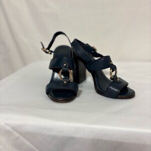 Tory Burch Fletcher block-heel, navy leather and gold hardware sandals